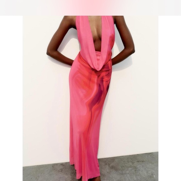 Zara Pink Plunge Neck Sleeveless Gown - Picture 1 of 2